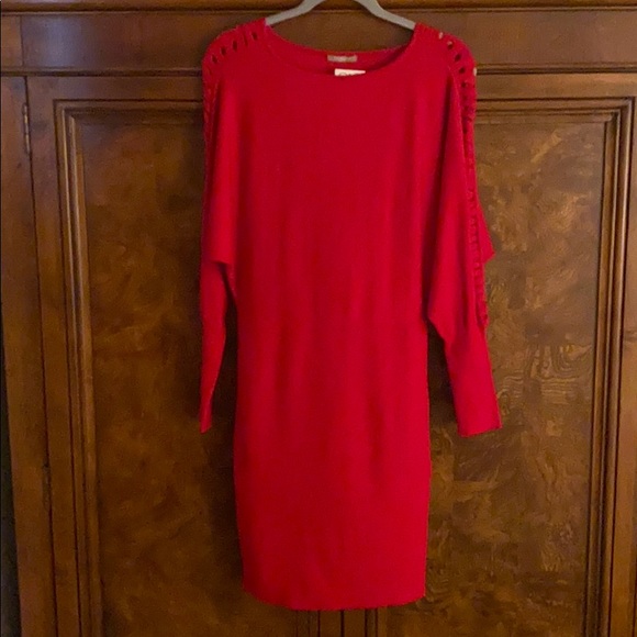 Red Sweater Dress with Sleeve Cut Outs - Picture 8 of 9